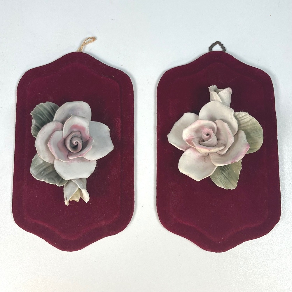 Vintage Ceramic Rose Wall Plaques Burgundy Velvet Italy Floral Pair 7 in x 4 in